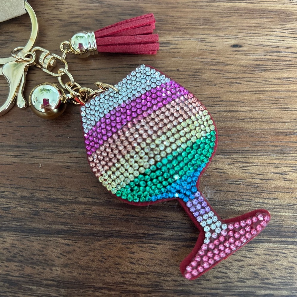 Multi-Color Bling Rhinestone Wine Glass Puffy Tassel Key Chain Purse‎ Charm - Picture 3 of 5